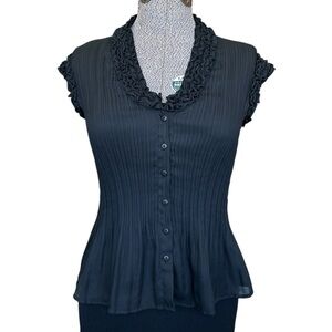 Sunny Leigh Black Ruffle Button Front Blouse Office Siren Pleated Sheer Top Sz S